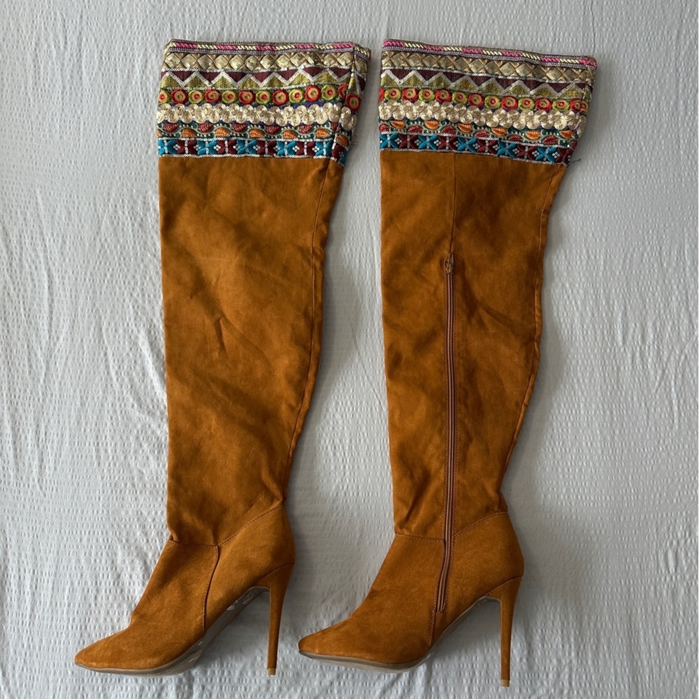 Anne Michelle Tan Faux Suede Aztec Embroidered Over The Knee Thigh High Boots
